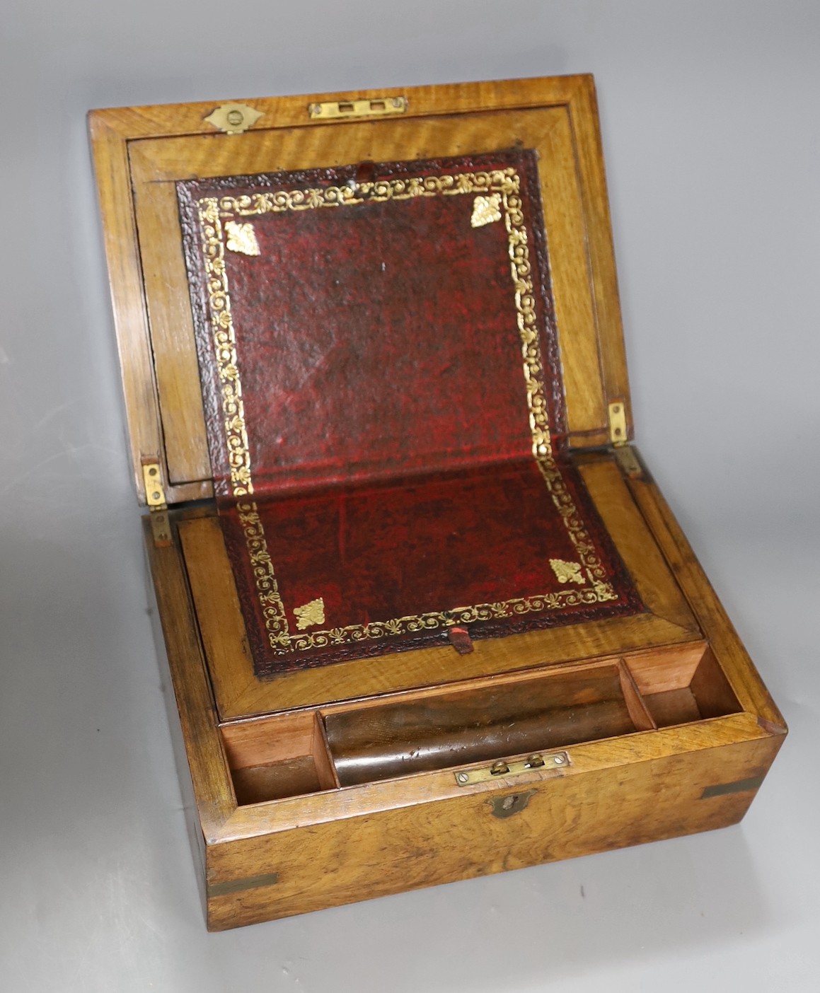 A Victorian brass bound walnut writing box, 29.5cm wide